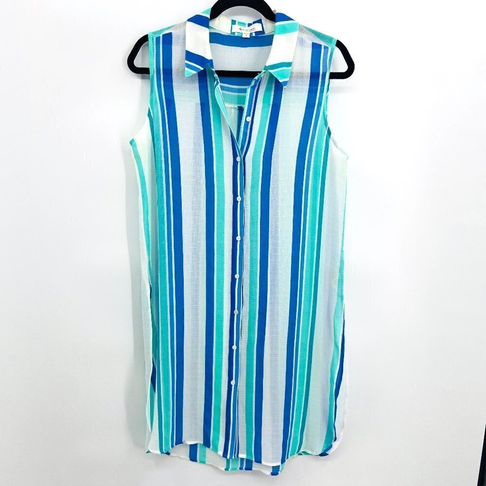 TWO BY VINCE CAMUTO Green Blue White Striped Button Up Sleeveless Swim Cover Up